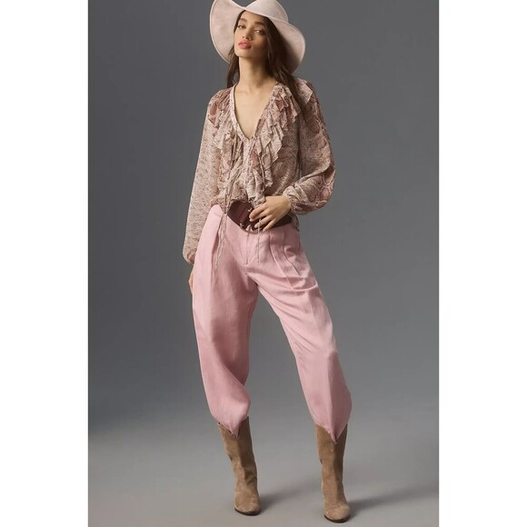 Anthropologie Snake Print Ruffled V Neck Long Sleeve Blouse Sz M Classic Boho - Picture 1 of 10